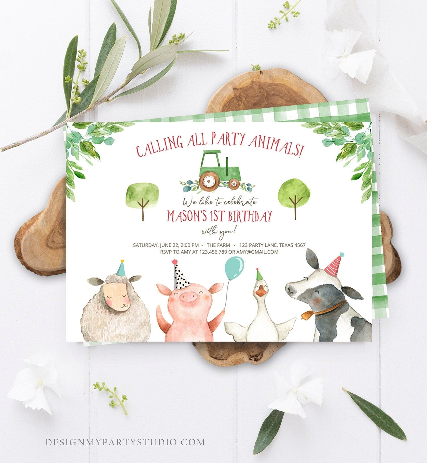 Editable Farm Birthday Invitation Boy Farm Animals Green Tractor Barnyard Barn Birthday Party Animals Digital Evite Template Printable 0155