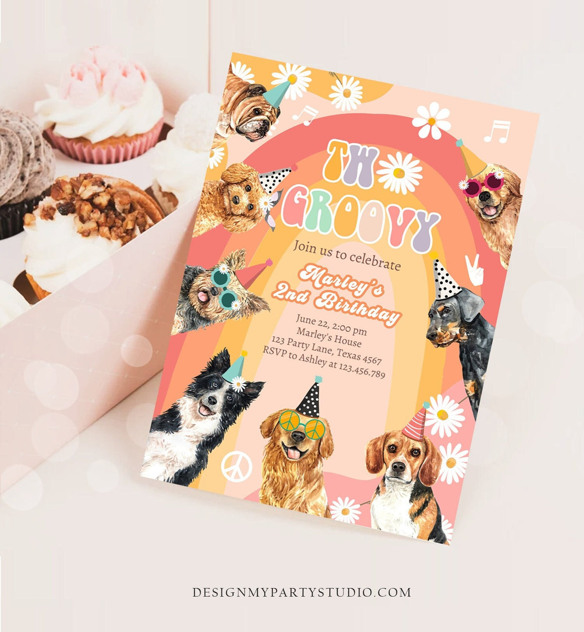 Editable Two Groovy Dog Birthday Party Invitation Retro Puppy 2nd Birthday Girl Doggy Pawty Digital Download Evite Template Printable 0463