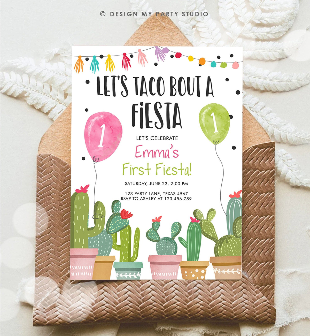 Editable Taco Bout a Fiesta Birthday Invitation ANY AGE Cactus Succulent 1st First Birthday Party Girl Pink Digital Template Printable 0254