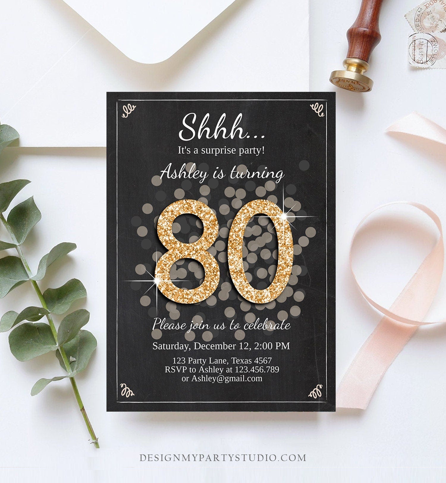 Editable ANY AGE Surprise Birthday Invitation Adult 80th Party Rustic Chalk Black Gold Glitter Digital Download Template Printable 0103