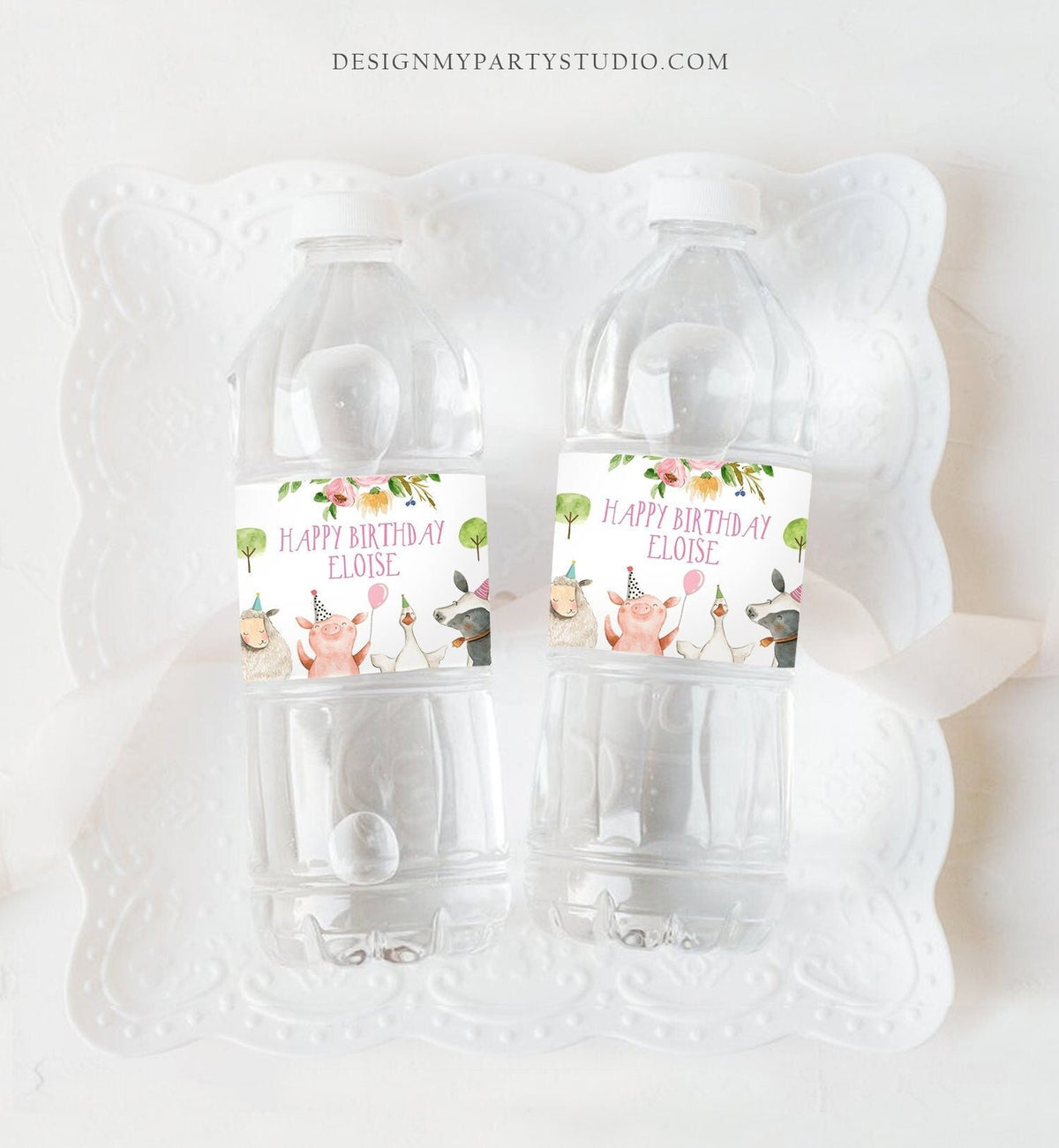 Editable Farm Animals Water Bottle Label Girl Birthday Barnyard Farm Birthday Decor Cow Pig Party Animals Template Corjl Printable 0155