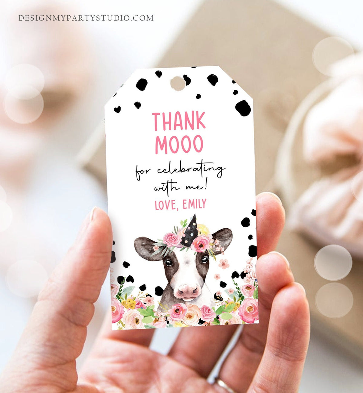 Editable Cow Thank You Tags Farm Favor Tag Thank Mooo Barnyard Gift Tag Pink Farm Floral Holy Cow Party Tag Digital Template Printable 0434