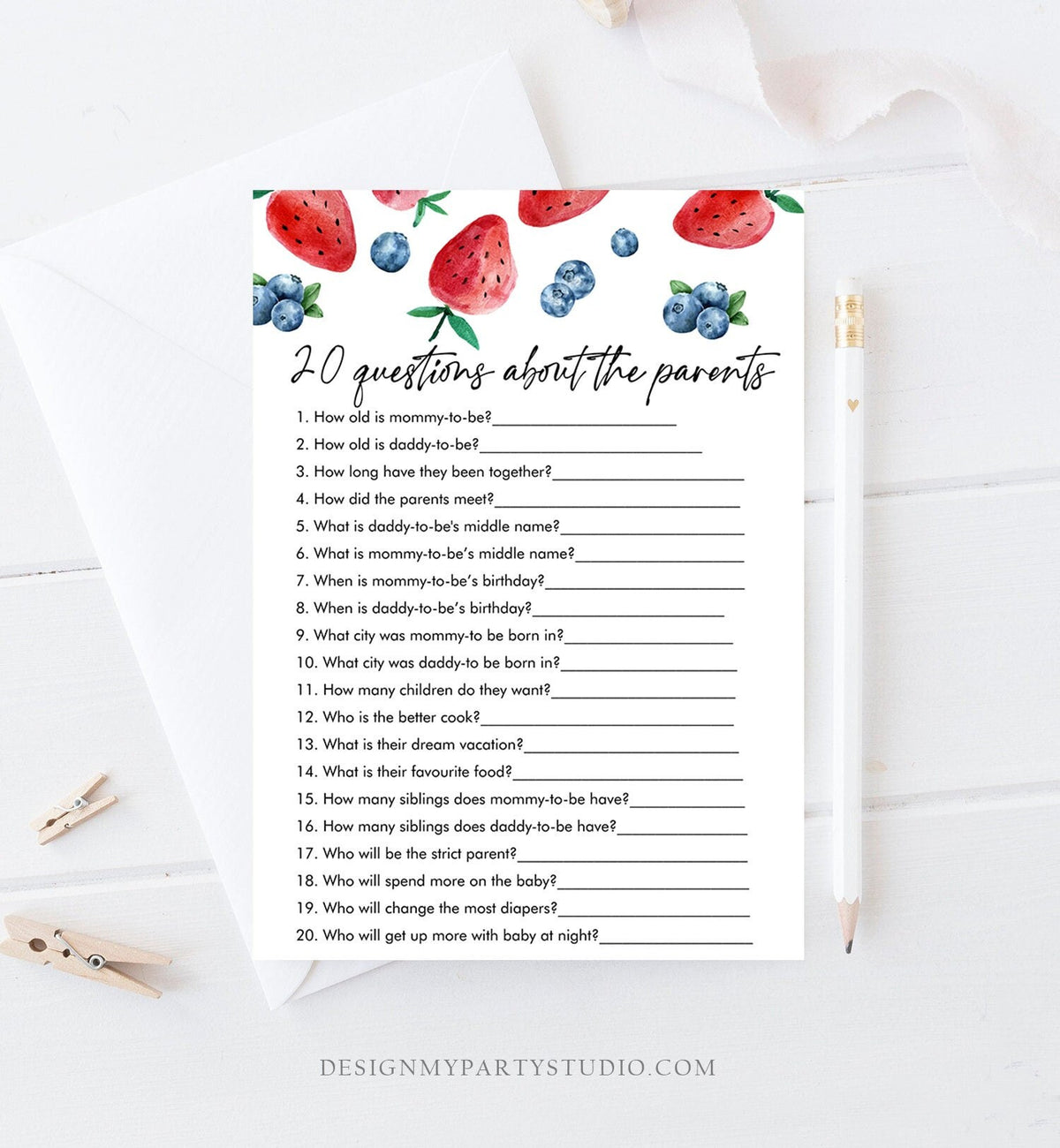 Editable 20 Questions about the Parents Baby Shower Game Strawberry Blueberry Baby Shower Berry Sweet Digital Template Printable 0399