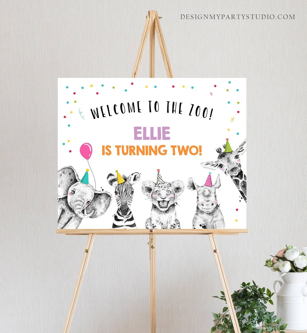 Editable Party Animals Welcome to the Zoo Sign Safari Animals Sign Welcome Jungle Sign Birthday Animals Girl Digital Template Printable 0390