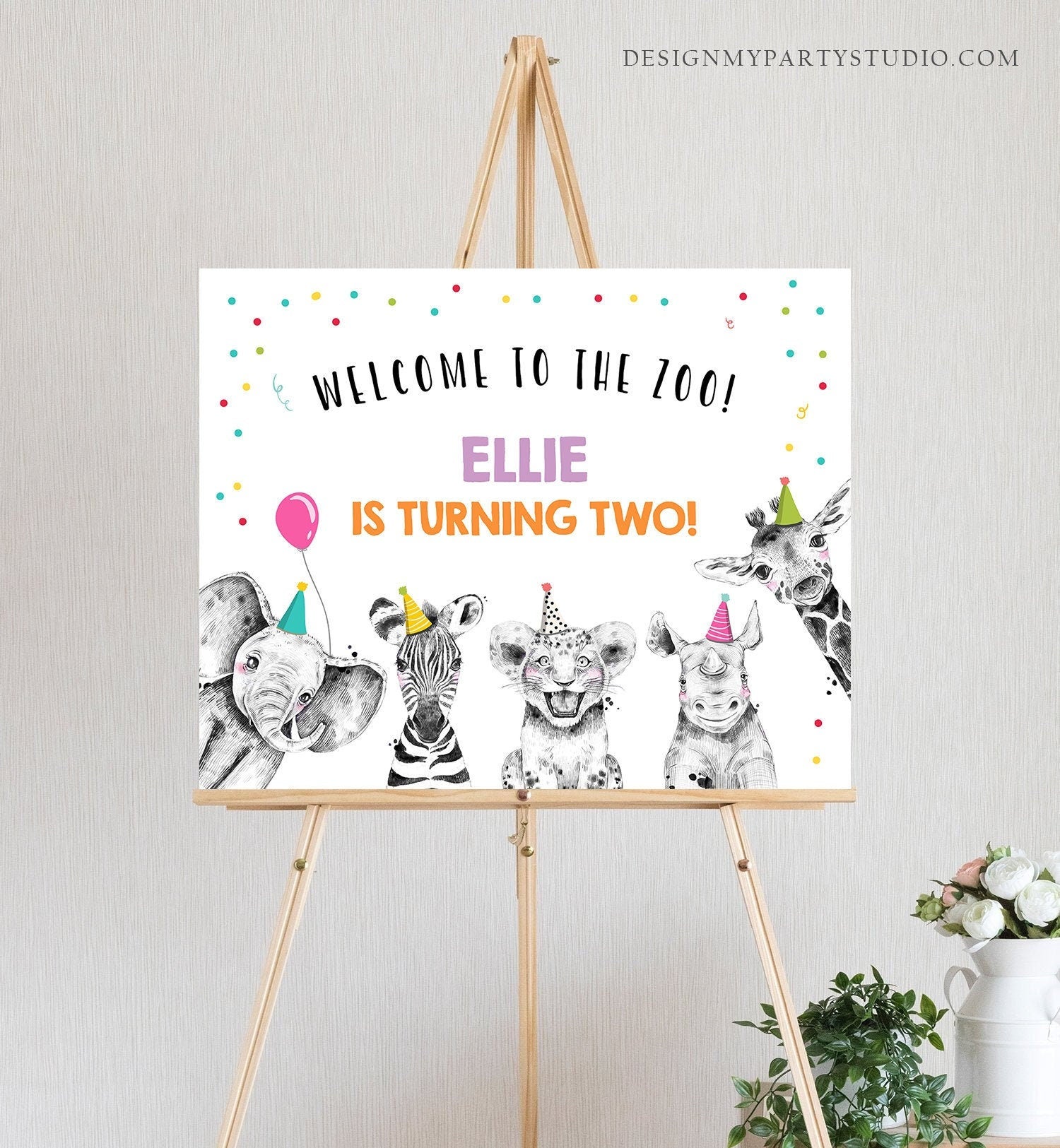 Editable Party Animals Welcome to the Zoo Sign Safari Animals Sign Welcome Jungle Sign Birthday Animals Girl Digital Template Printable 0390