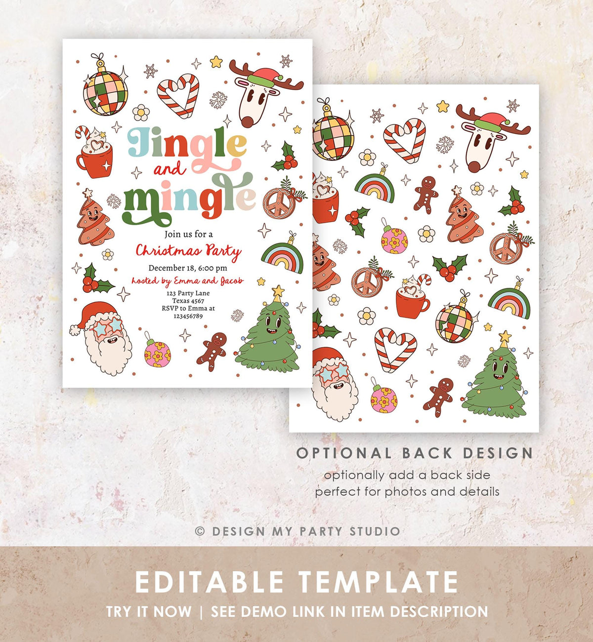Editable Groovy Jingle and Mingle Christmas Party Invitation Holiday Party Santa Party Office School Retro Christmas Download Printable 0522