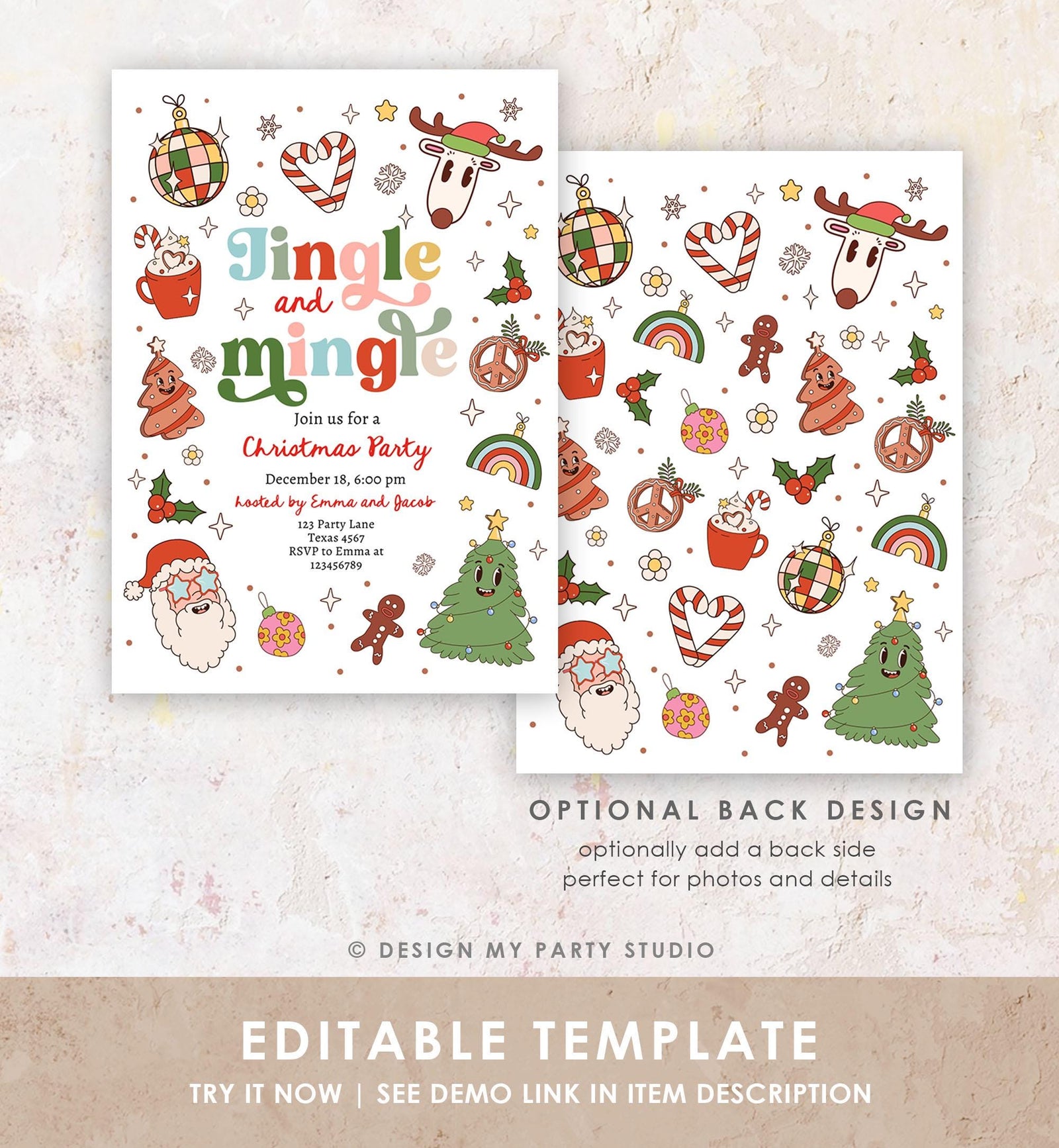 Editable Groovy Jingle and Mingle Christmas Party Invitation Holiday Party Santa Party Office School Retro Christmas Download Printable 0522