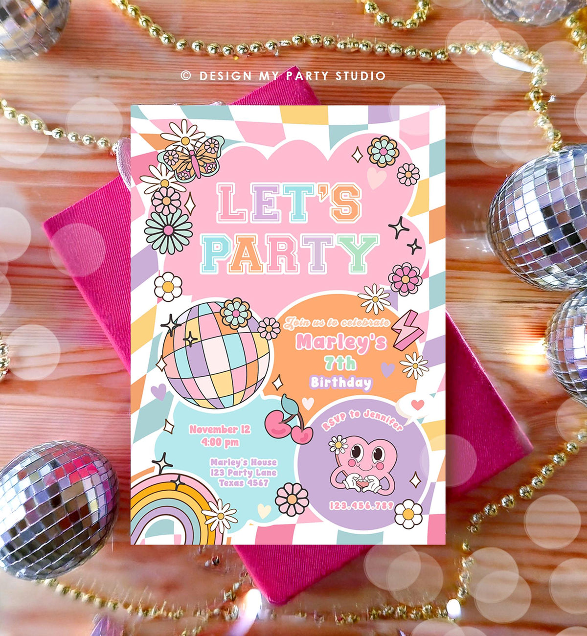 Editable Preppy Birthday Party Invitation Let&#39;s Party Birthday Varsity Fashion Tween Disco Teen Party Download Template Evite Digital 0524