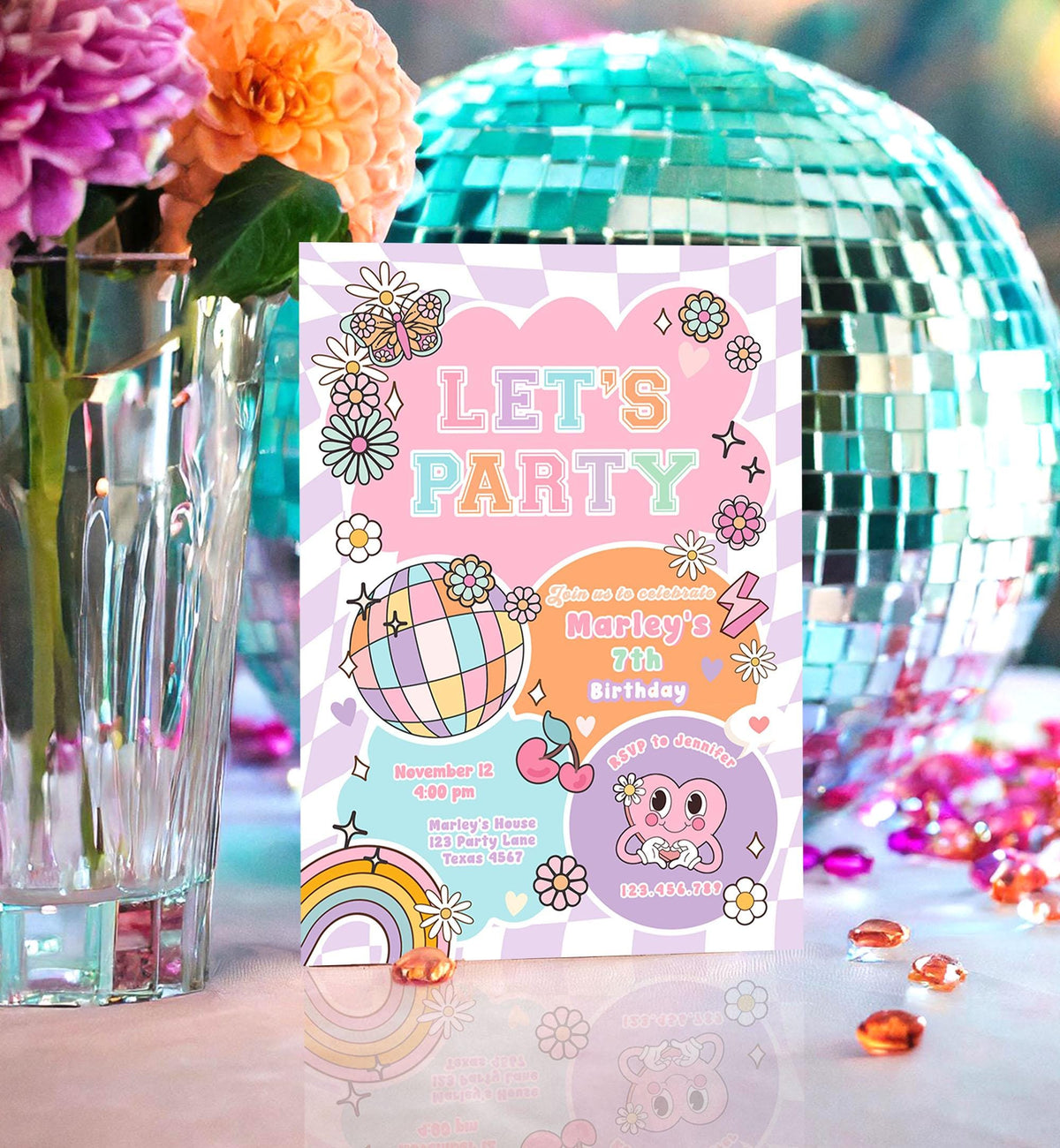 Editable Preppy Birthday Party Invitation Let&#39;s Party Birthday Varsity Fashion Tween Disco Teen Party Download Template Evite Digital 0524