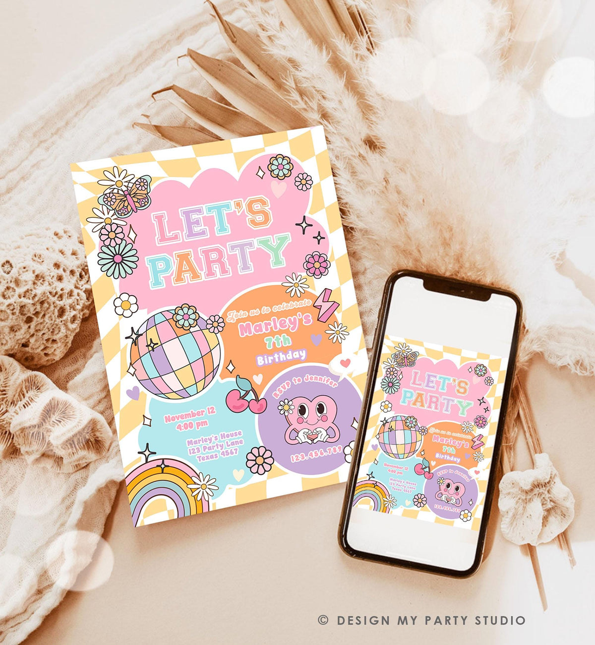 Editable Preppy Birthday Party Invitation Let&#39;s Party Birthday Varsity Fashion Tween Disco Teen Party Download Template Evite Digital 0524