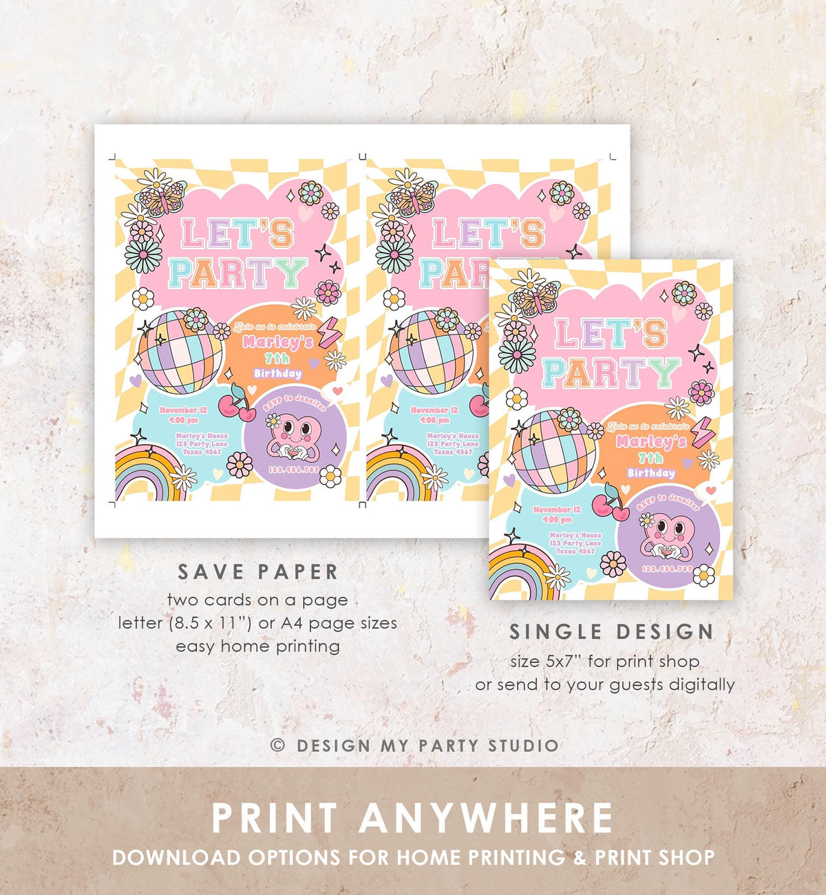 Editable Preppy Birthday Party Invitation Let&#39;s Party Birthday Varsity Fashion Tween Disco Teen Party Download Template Evite Digital 0524