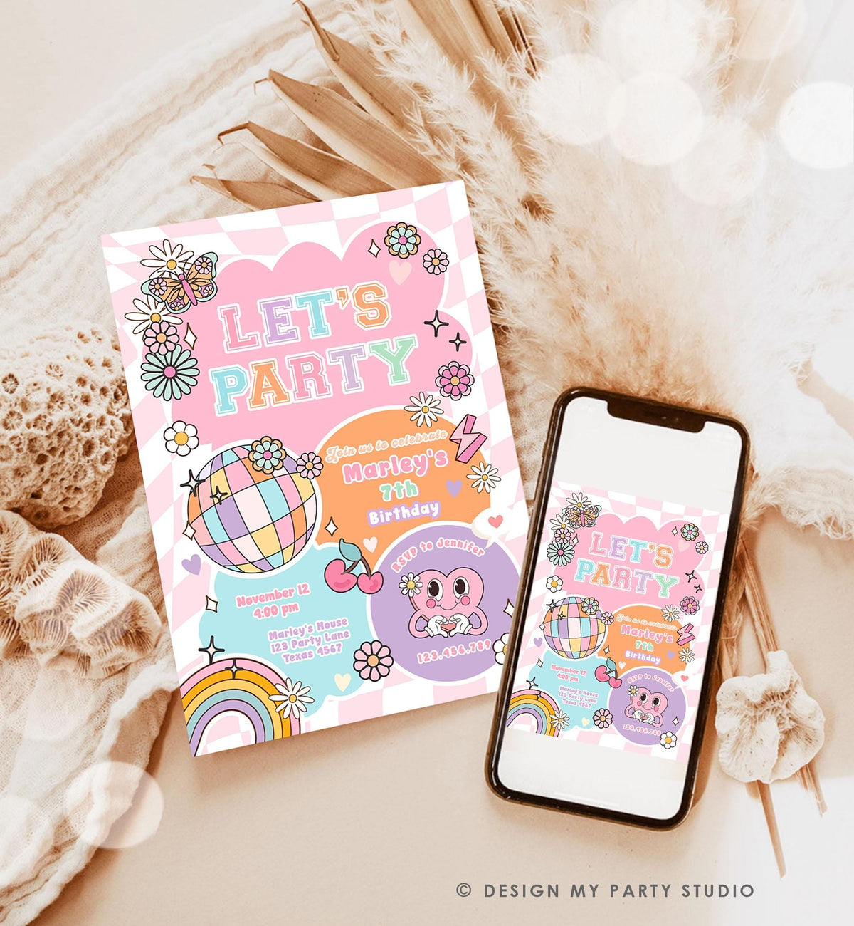 Editable Preppy Birthday Party Invitation Let&#39;s Party Birthday Varsity Fashion Tween Disco Teen Party Download Template Evite Digital 0524