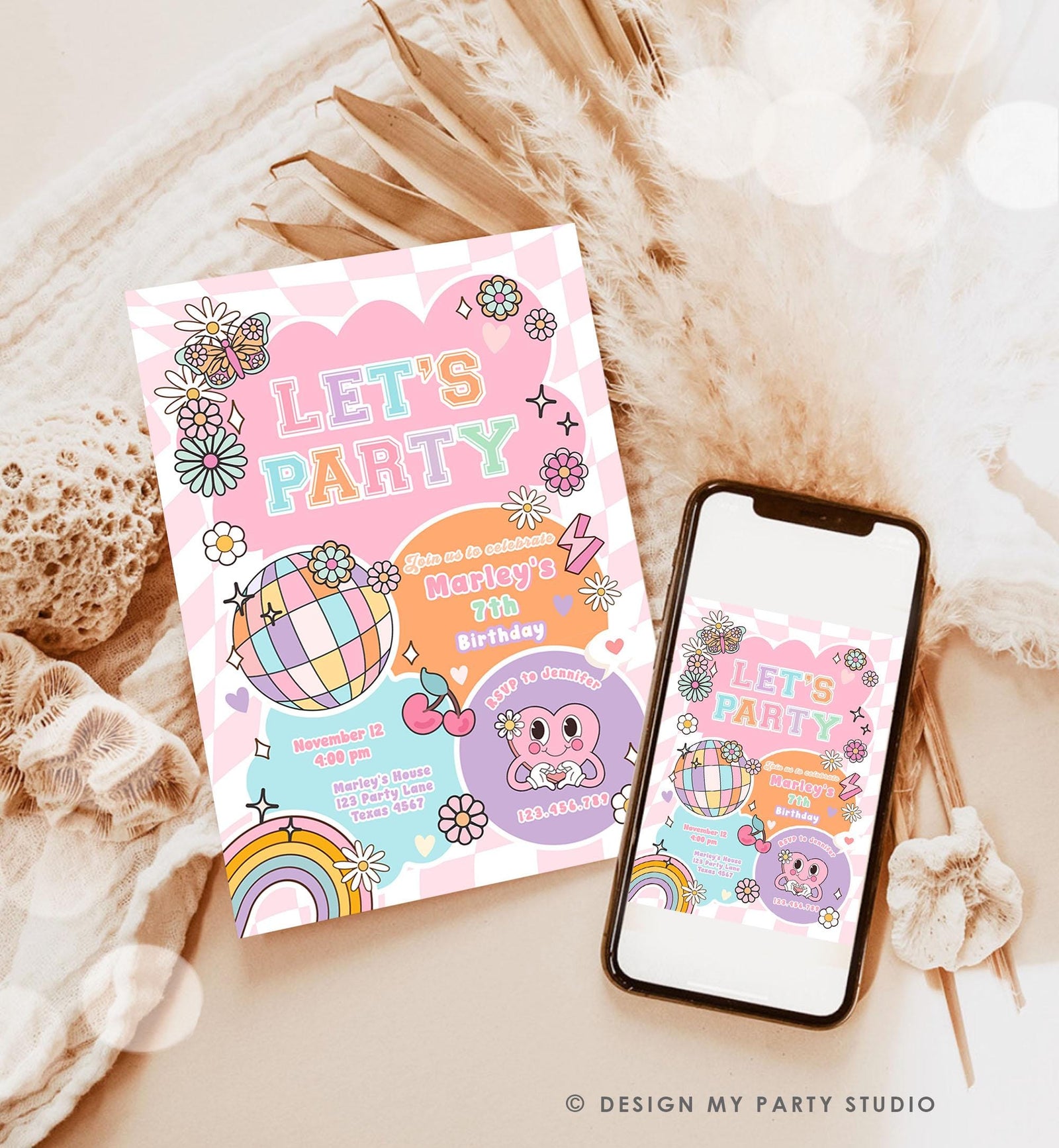 Editable Preppy Birthday Party Invitation Let's Party Birthday Varsity Fashion Tween Disco Teen Party Download Template Evite Digital 0524