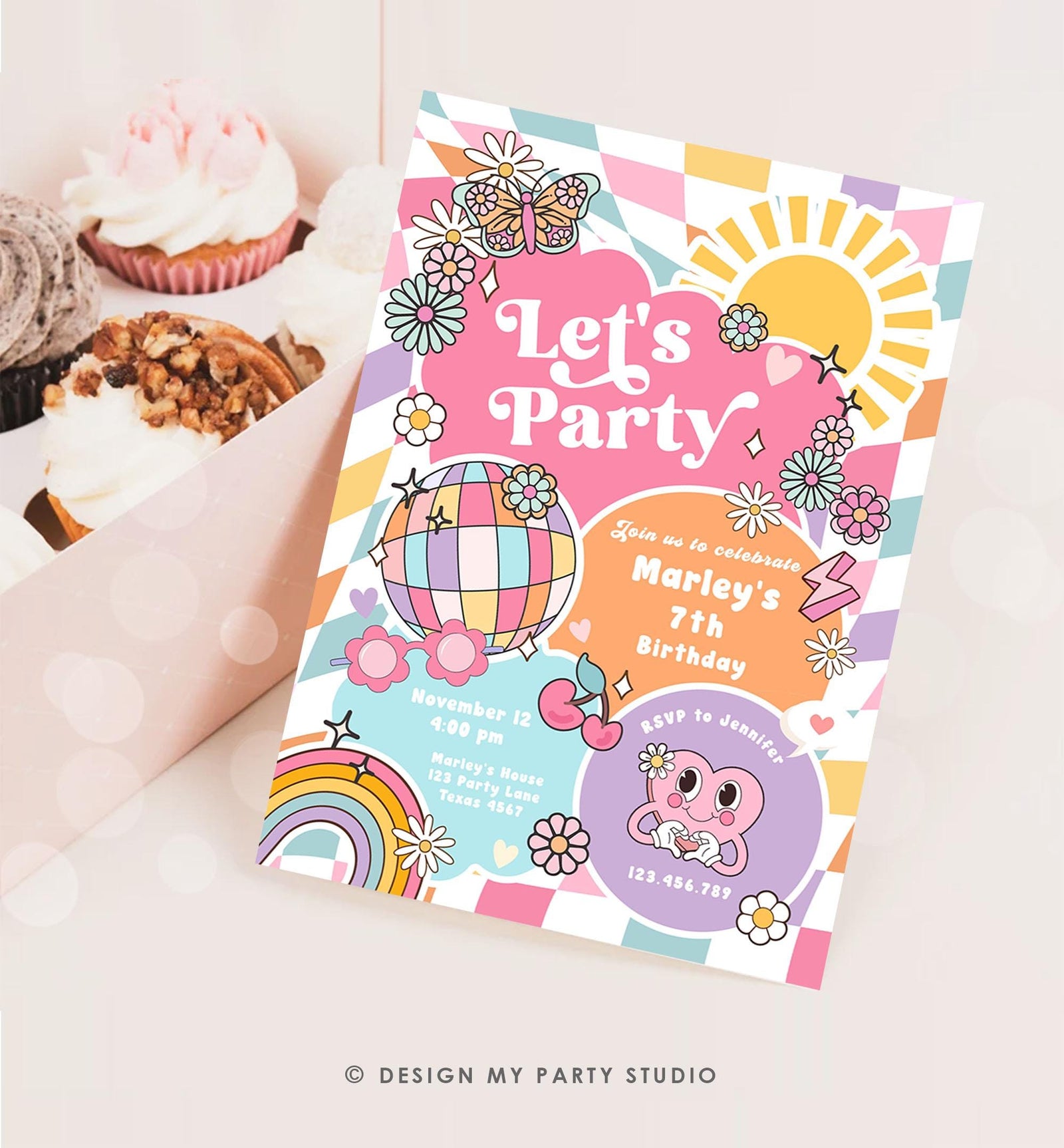 Editable Groovy Birthday Party Invitation Let's Party Birthday Hippie Retro Sunshine Preppy Varsity Download Template Evite Digital 0524
