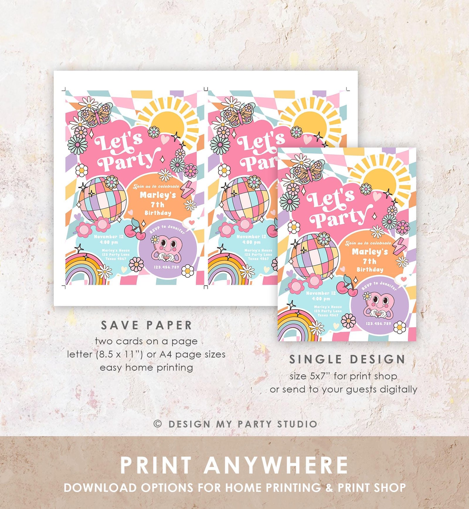 Editable Groovy Birthday Party Invitation Let's Party Birthday Hippie Retro Sunshine Preppy Varsity Download Template Evite Digital 0524