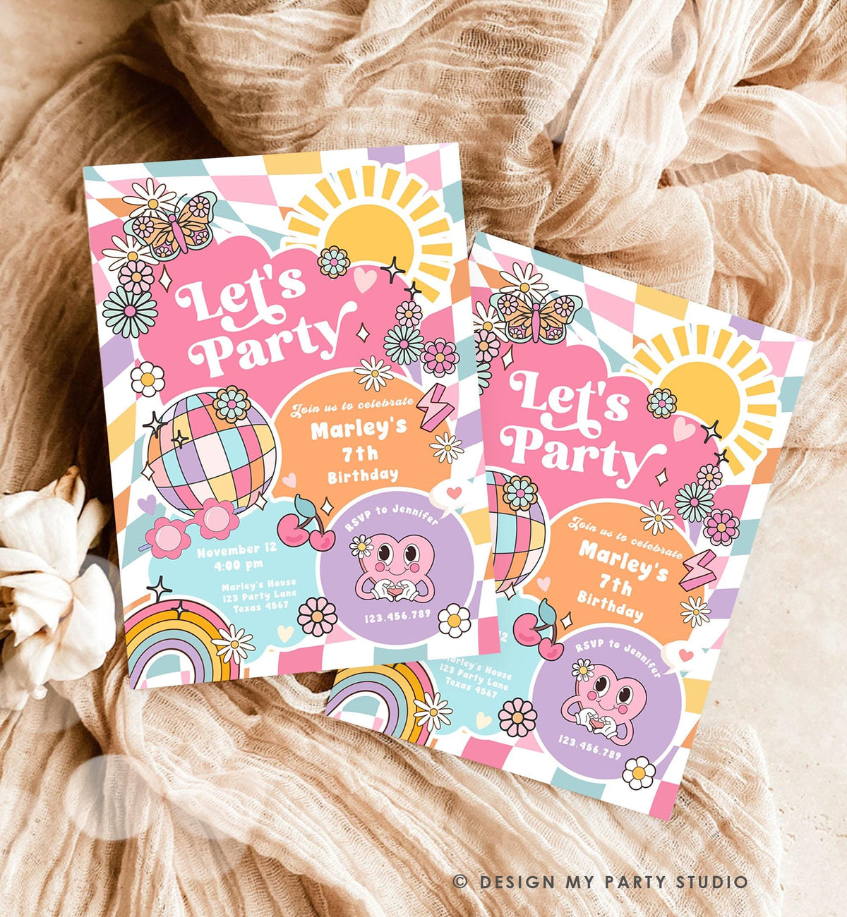 Editable Groovy Birthday Party Invitation Let&#39;s Party Birthday Hippie Retro Sunshine Preppy Varsity Download Template Evite Digital 0524