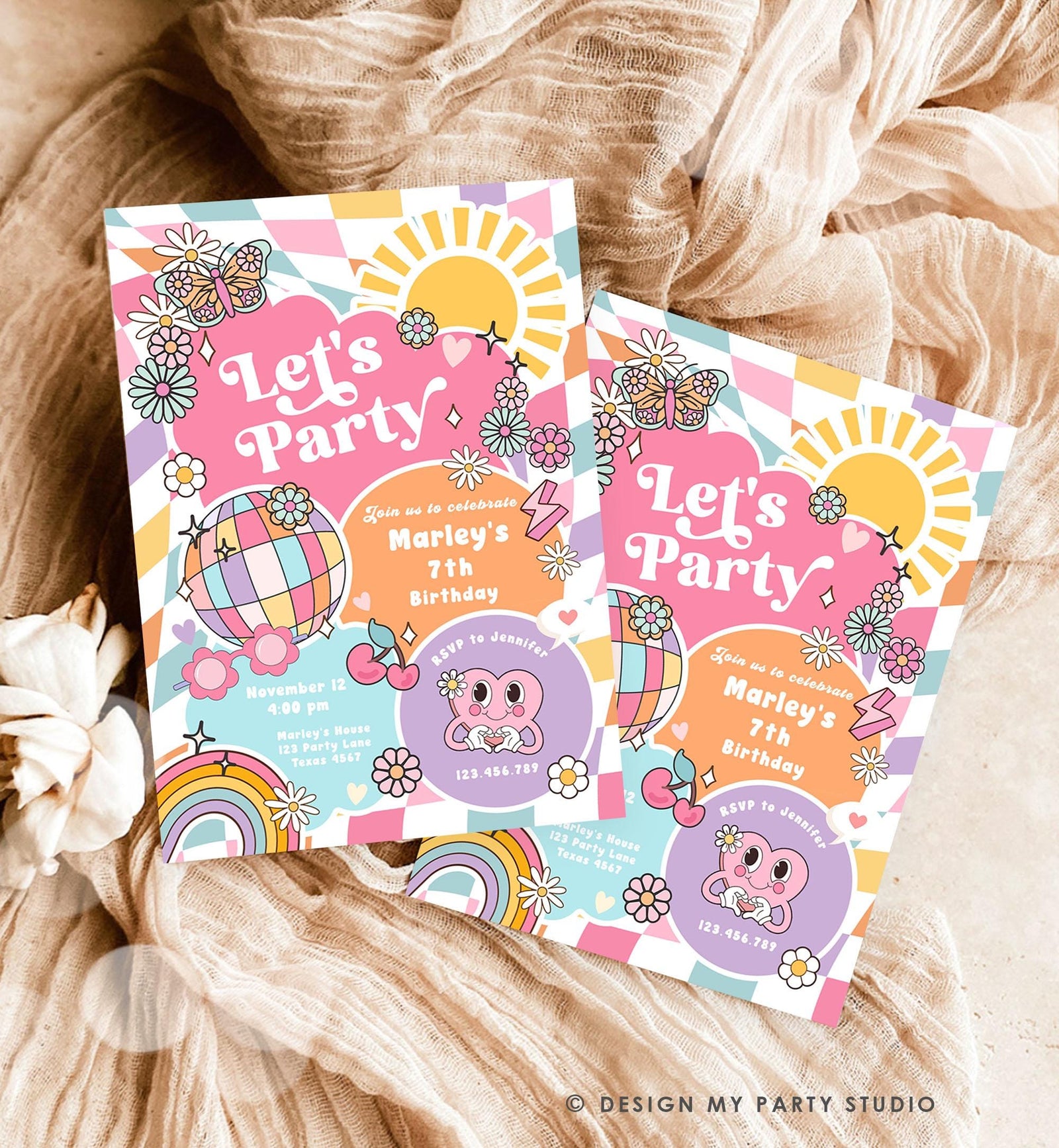Editable Groovy Birthday Party Invitation Let's Party Birthday Hippie Retro Sunshine Preppy Varsity Download Template Evite Digital 0524