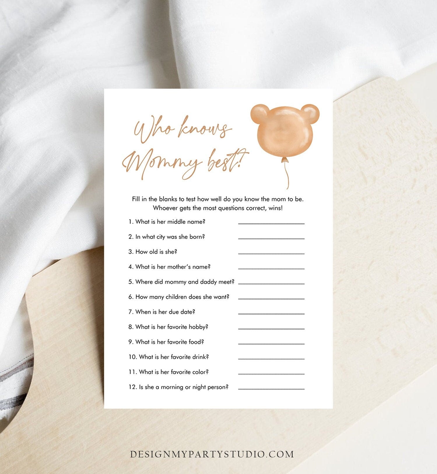 Editable Who Knows Mommy Best Baby Shower Game Modern Bear Cute Teddy Bear Baby Shower Boho Bearly Wait Game Digital Template Printable 0439