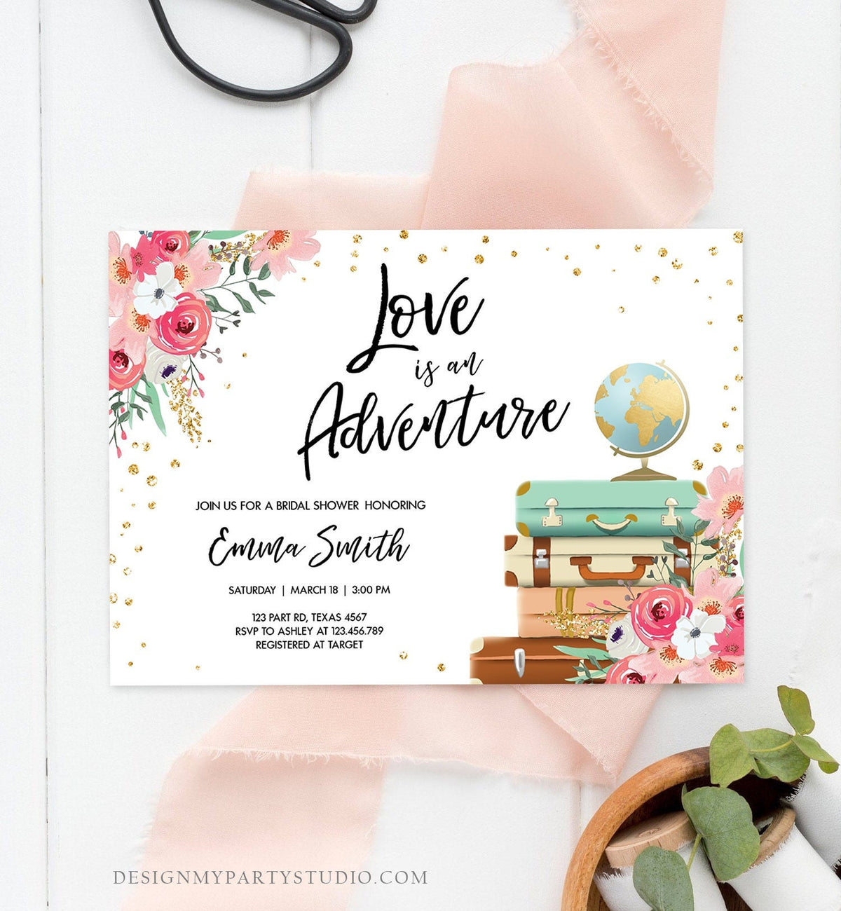Editable Love is an Adventure Bridal Shower Invitation Travel Gold Confetti Pink Floral Suitcases Digital Download Template Printable 0030