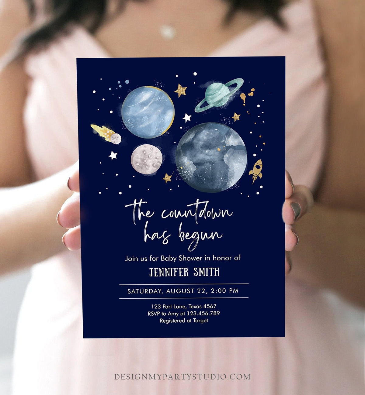 Editable Space Baby Shower Invitation Galaxy Outer Space It&#39;s a Boy Blue Planets Moon Countdown Digital Download Template Printable 0357