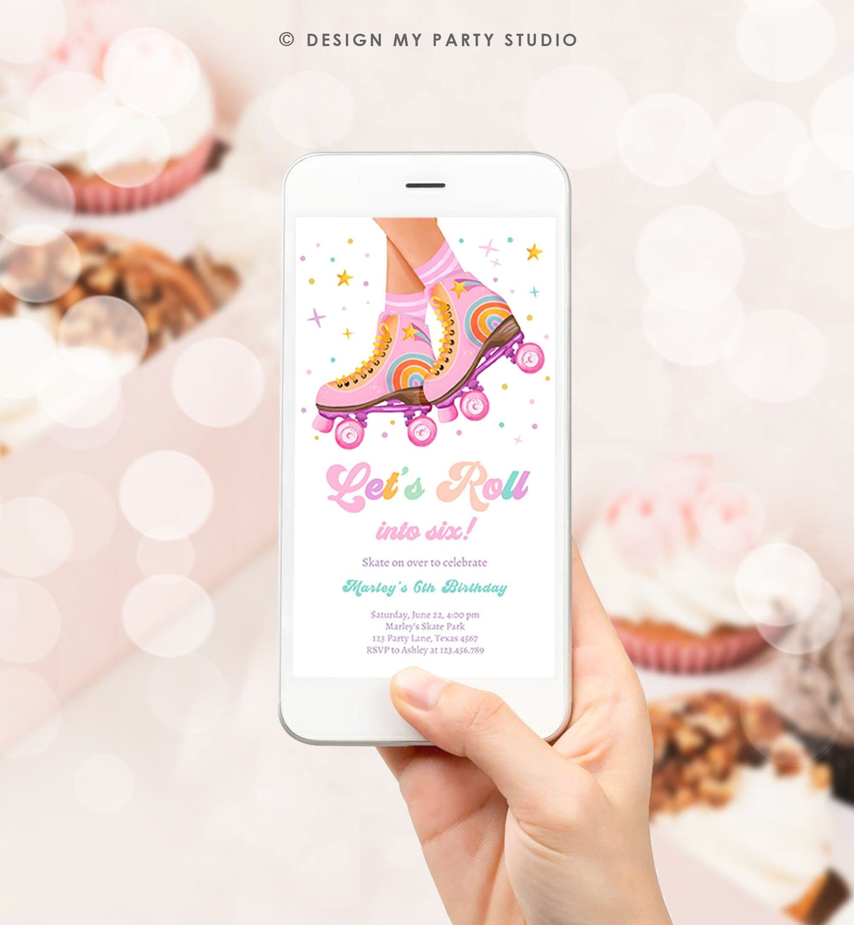 Editable Roller Skating Birthday Party Evite Teen Girl Skating Skate Rollerblade Rainbow Electronic Digital Download Evite Template 0514