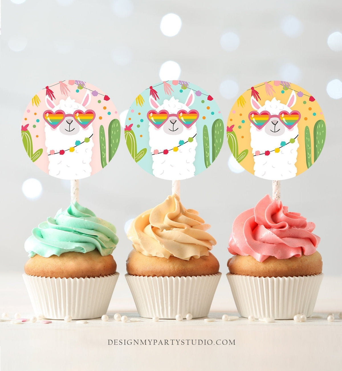 Llama Cupcake Toppers Favor Tags Birthday Party Decoration Fiesta Mexican Llama Party Cactus Sunglasses Digital Download Printable 0079