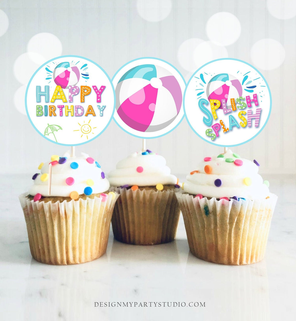 Pool Party Cupcake Toppers Favor Tags Girl Pool Birthday Party Decoration Summer Birthday Pink Splish Splash Digital Download Printable 0169