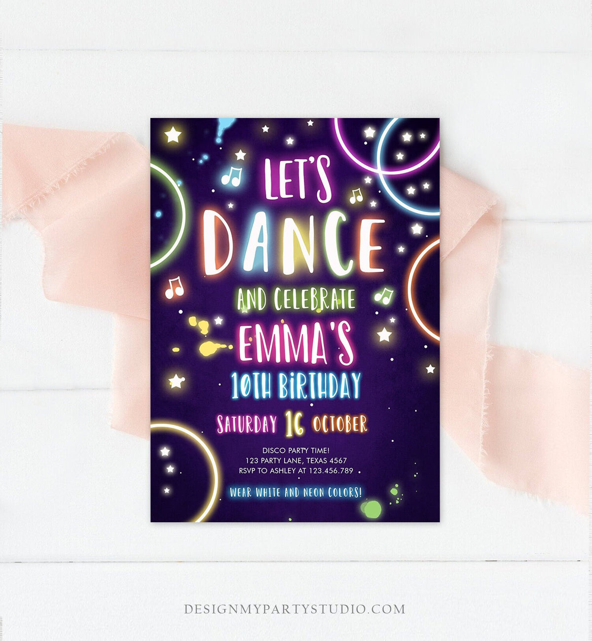 Editable Dance Party Birthday Invitation Disco Music Let&#39;s Dance Neon Glow In The Dark Party Girl Teen Pink Digital Template Printable 0172