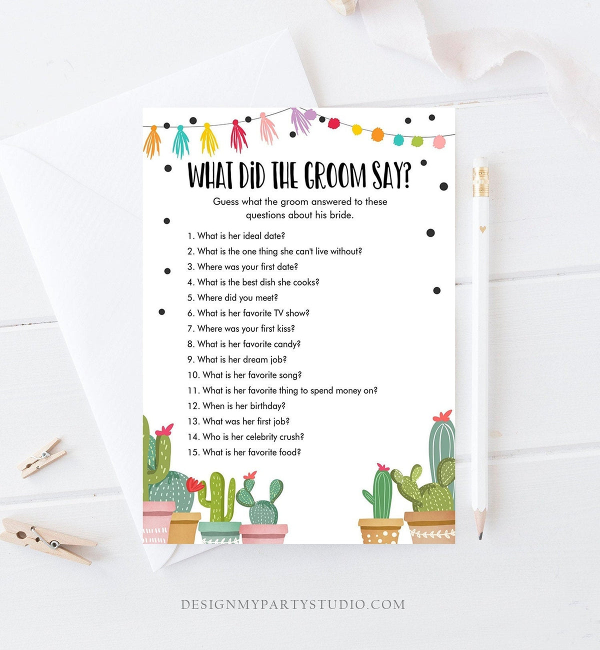 Editable What Did The Groom Say About His Bride Bridal Shower Game Cactus Fiesta Mexican Coed Activity Digital Template Printable 0254