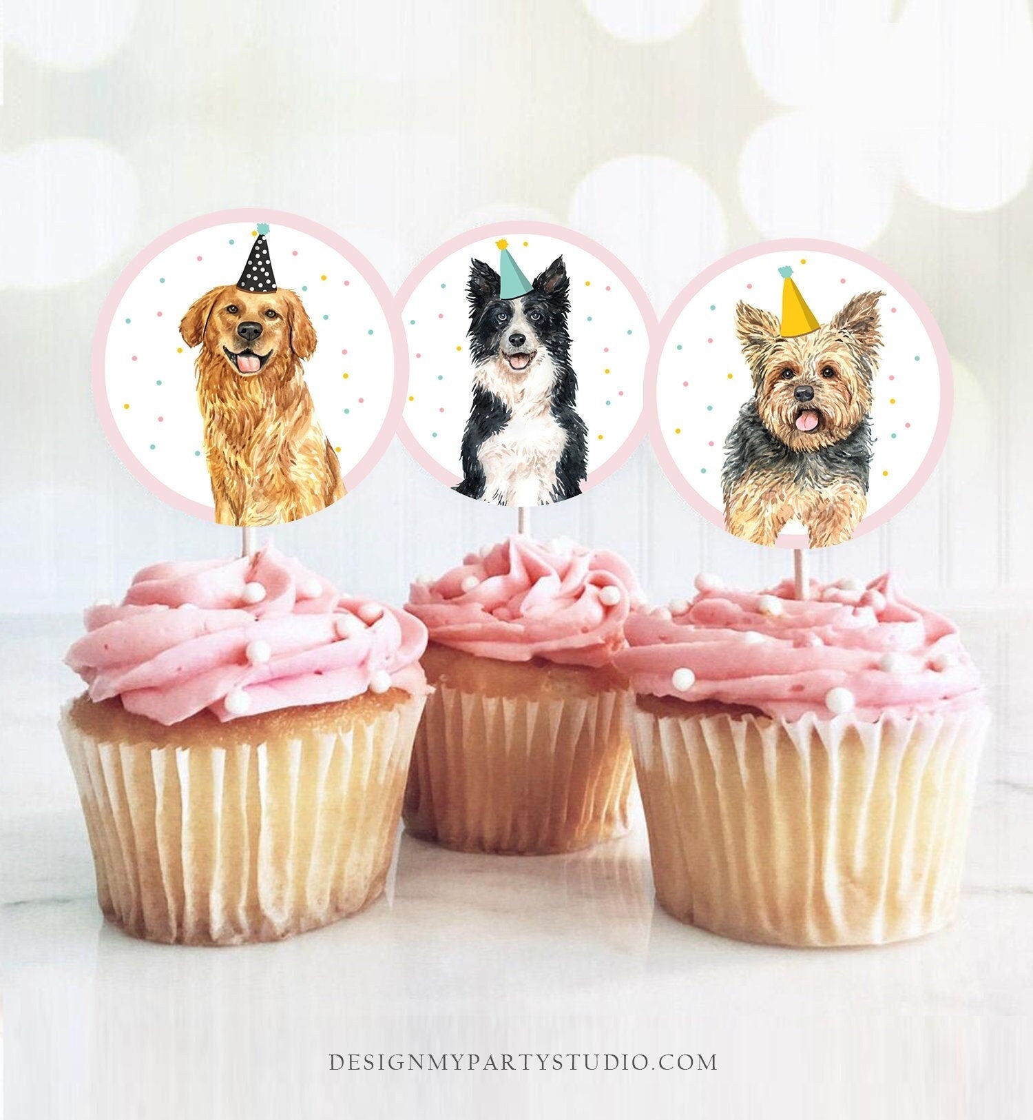 Puppy Dog Cupcake Toppers Puppy Favor Tags Puppy Birthday Dog Pink Girl Pet Birthday Party Pup Puppies Decor Download Digital Printable 0384