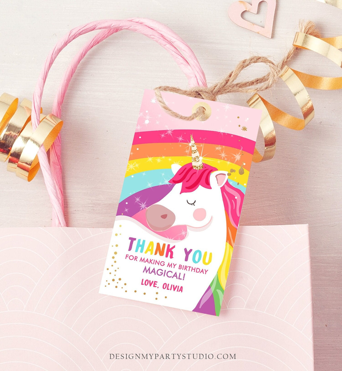 Editable Unicorn Favor Tags Unicorn Magical Birthday Thank you tags Label Rainbow Birthday Gift Pink Gold Digital Template Printable 0323