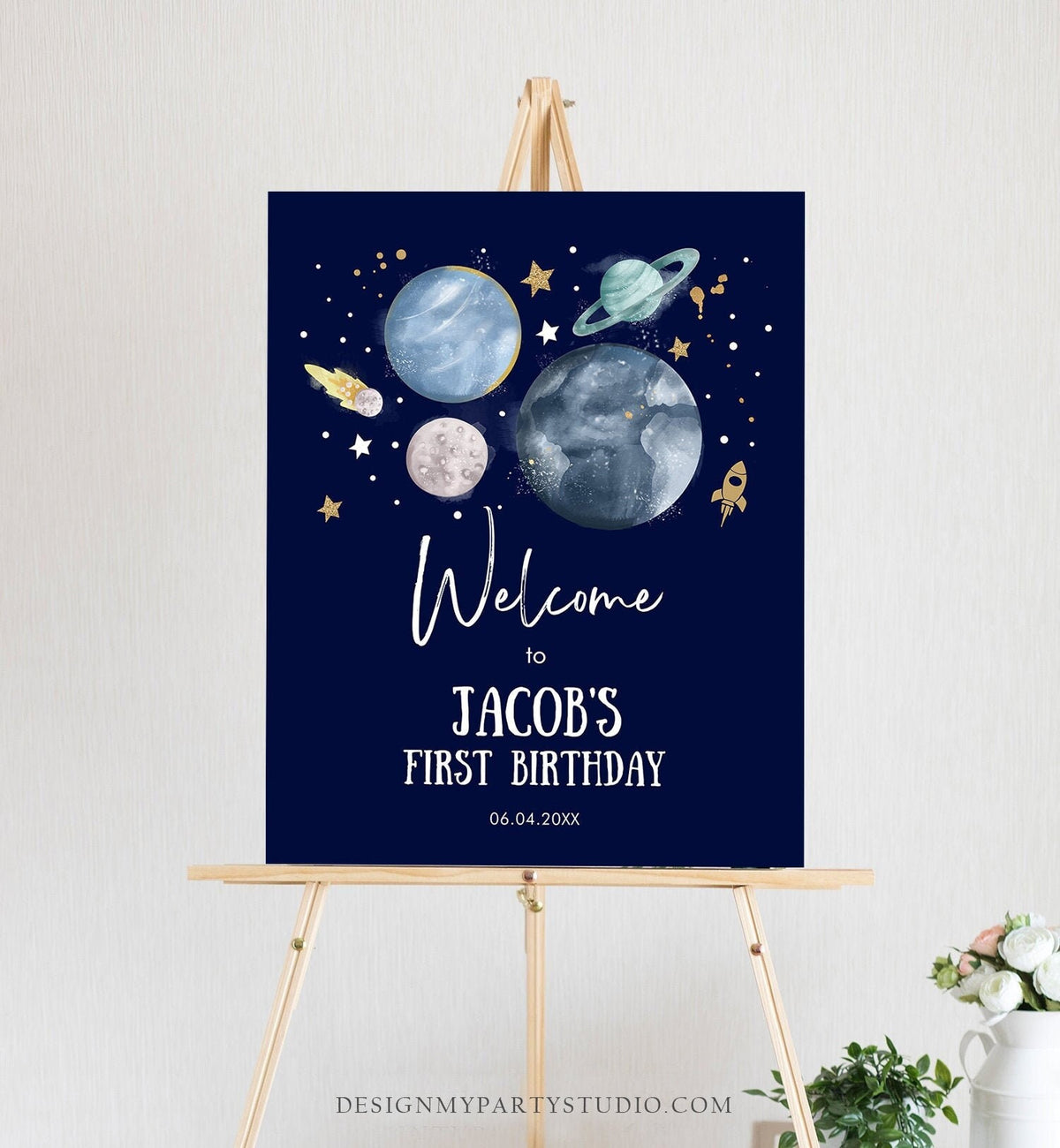 Editable Outer Space Birthday Welcome Sign 1st Birthday Boy Galaxy Planets Trip Around the Sun Astronaut Digital Template Printable 0357