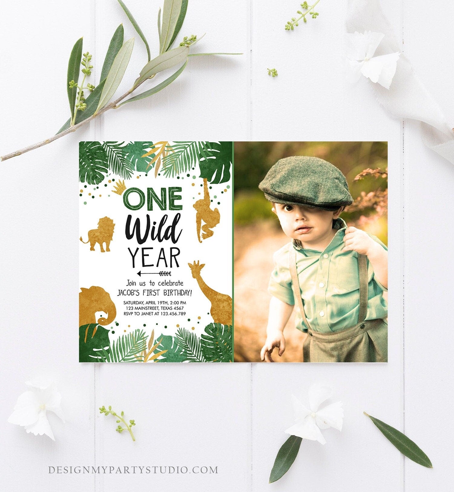 Editable Wild One Birthday Invite Safari Animals Jungle One Wild Year Black Gold First Birthday 1st Digital Download Template Printable 0016
