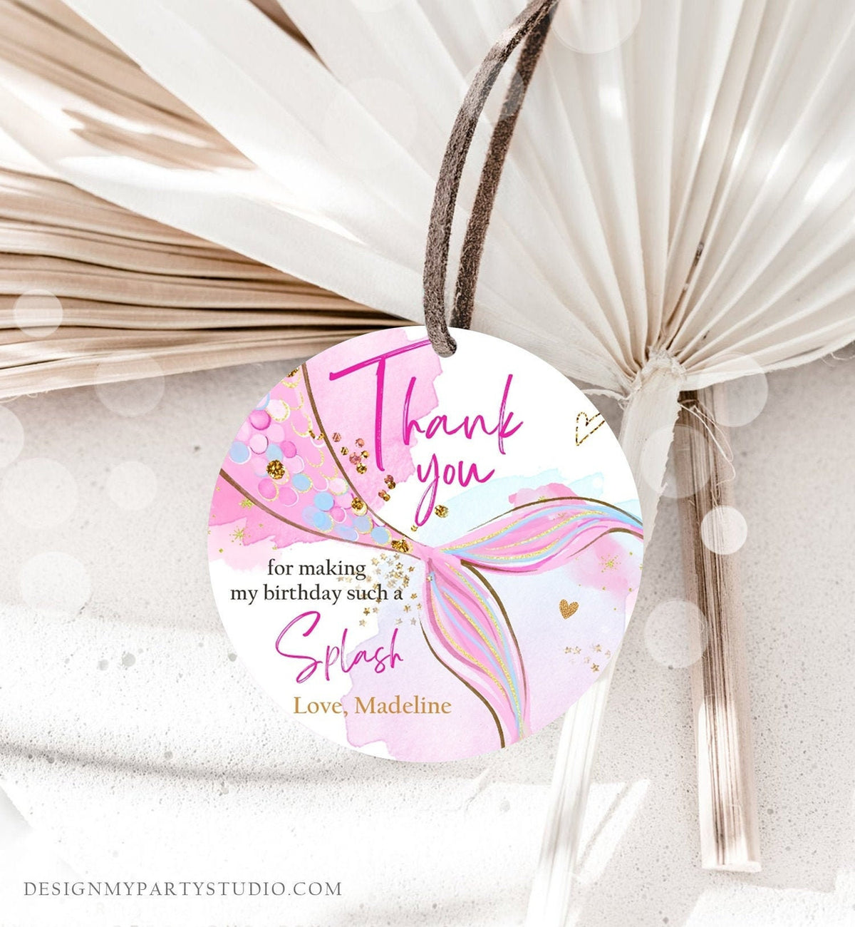 Editable Mermaid Birthday Favor Tags Under The Sea Thank you Stickers Mermaid Party Girl Pink Gold Digital Download Template Printable 0403