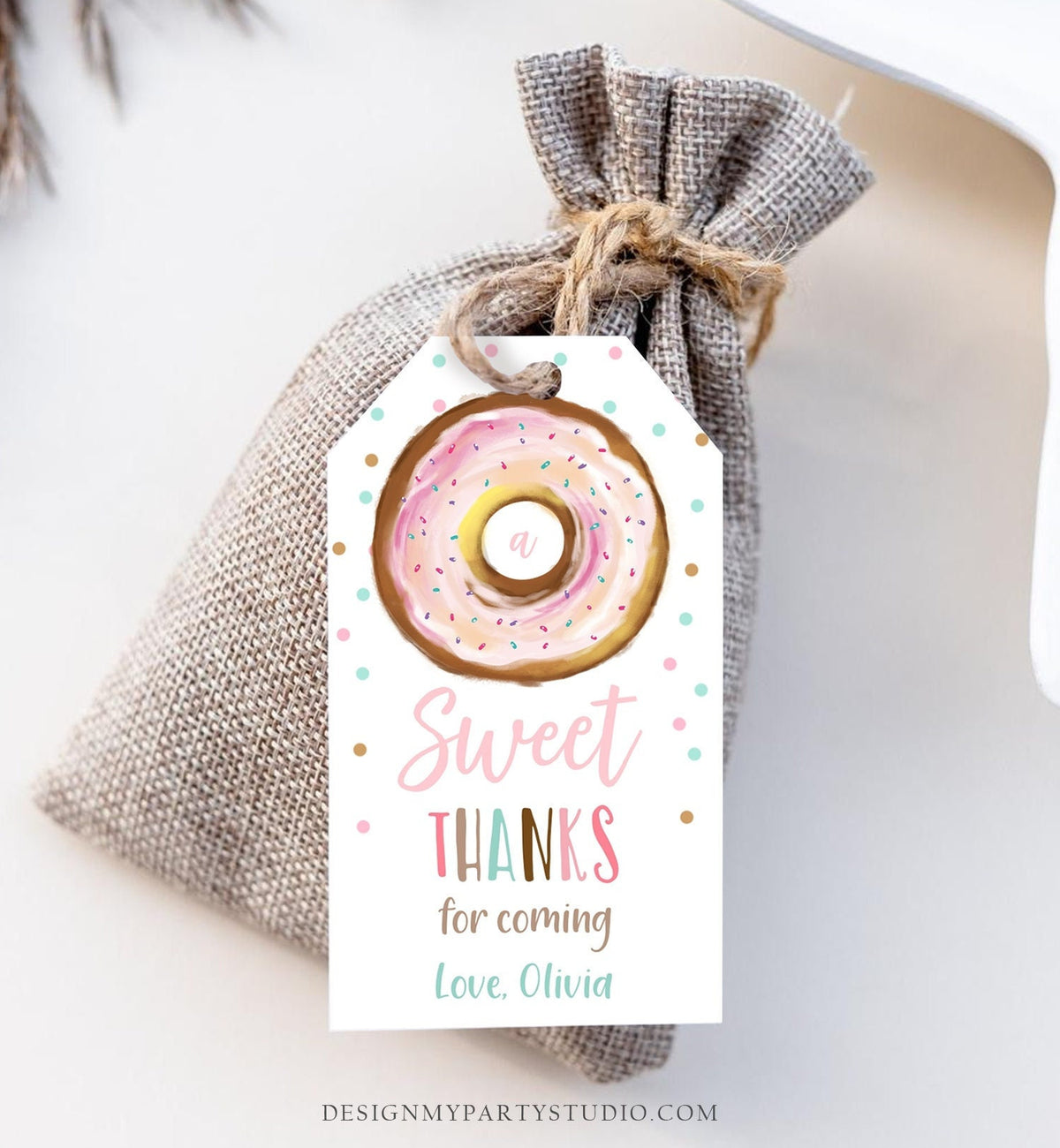 Editable Donut Favor Tag Sweet Thanks for Coming Donut Birthday Donut Thank You Gift Girl Pink Donut Digital Template Printable 0368