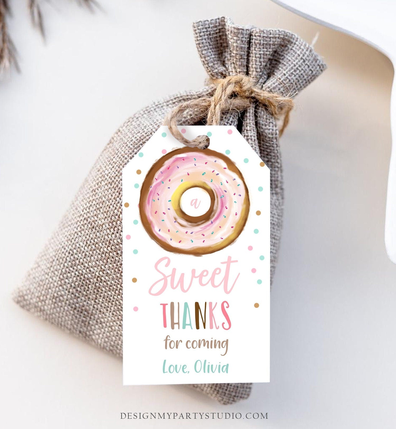 Editable Donut Favor Tag Sweet Thanks for Coming Donut Birthday Donut Thank You Gift Girl Pink Donut Digital Template Printable 0368