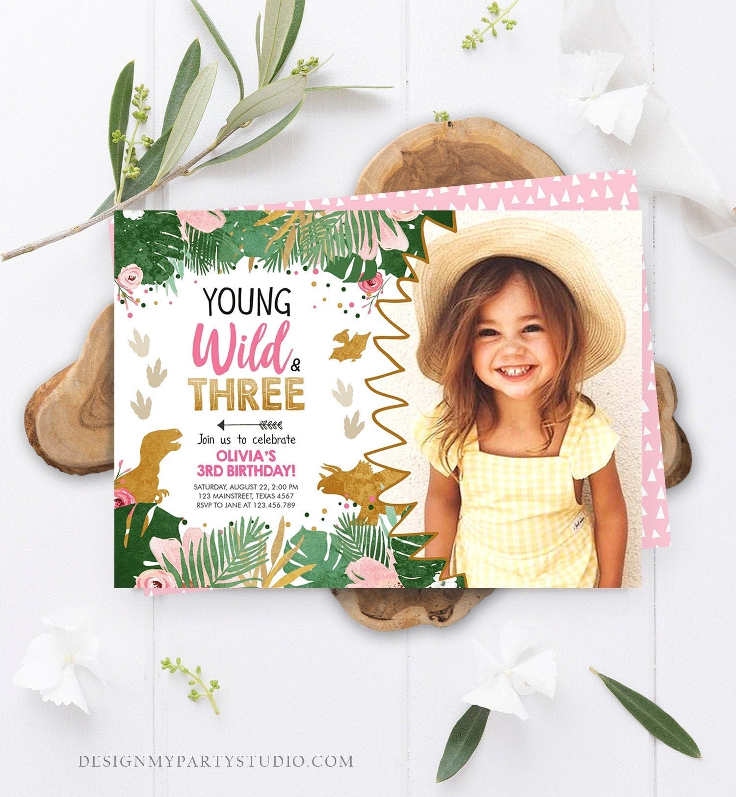 Editable Young Wild and Three Birthday Invitation Dinosaur Dino Party Girl 3rd Third Birthday Pink Gold Digital Template Printable 0146