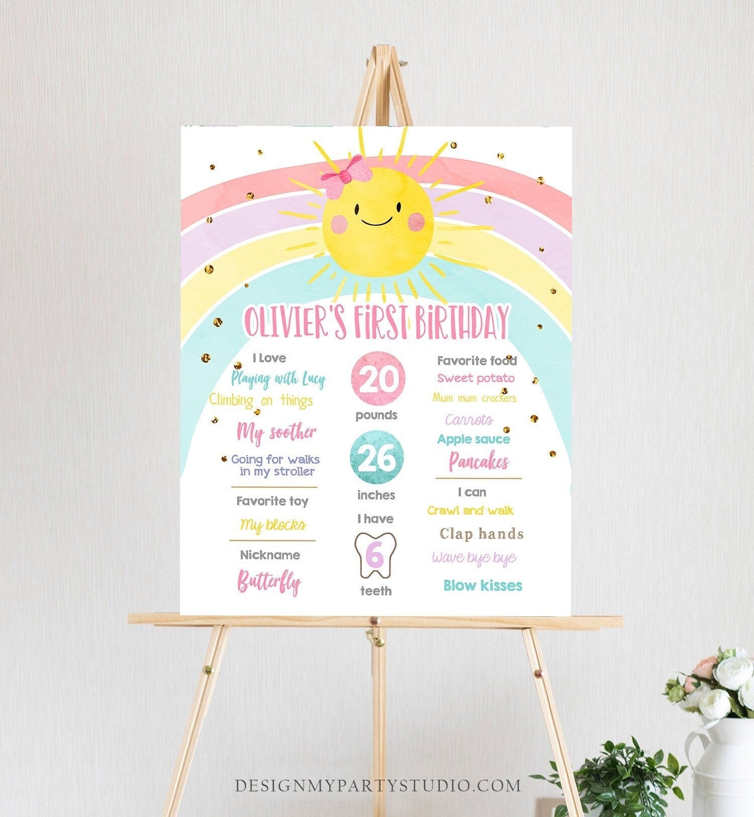 Editable Little Sunshine Rainbow Birthday Milestones Sign Summer First Birthday 1st Birthday Girl Pink Bow Digital Template Printable 0402