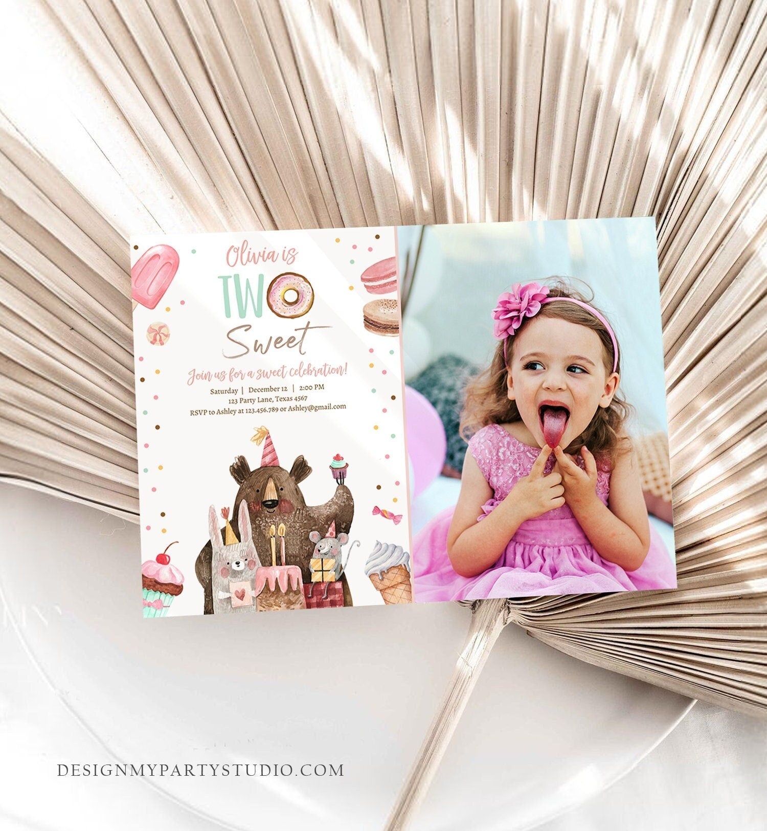 Editable Two Sweet Birthday Invitation Second Birthday Party Girl Donut Ice Cream Animals Digital Download Evite Template Printable 0373