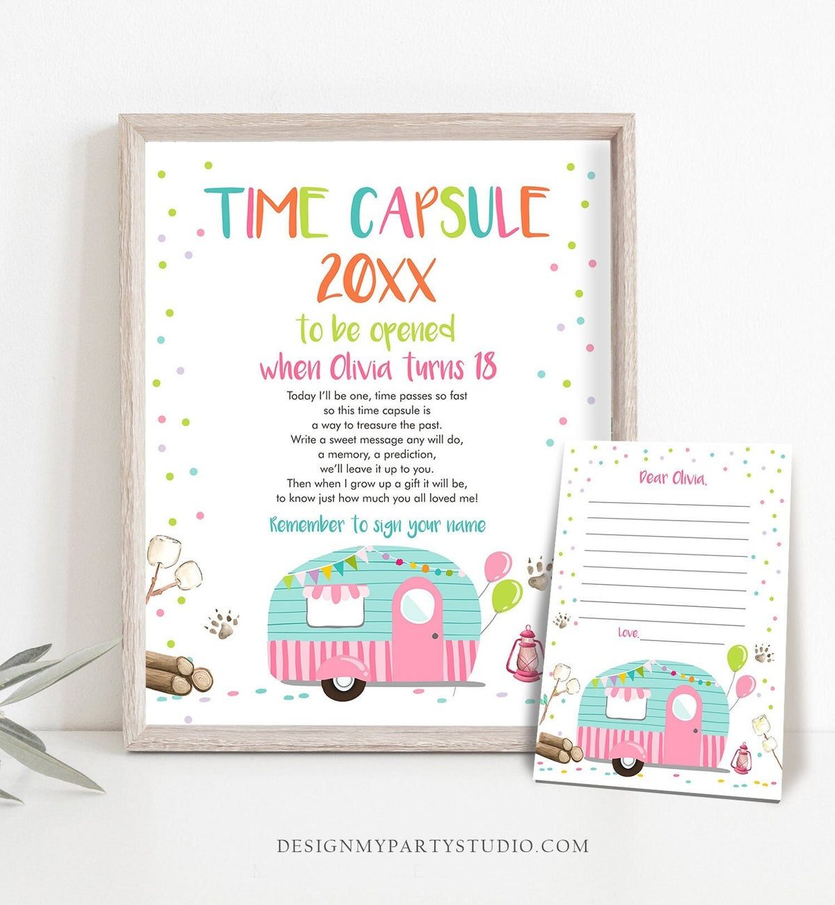 Editable Happy Camper Time Capsule Girl Birthday Party Camping Glamping Caravan Outdoor Pink Guestbook Digital Template Printable 0342