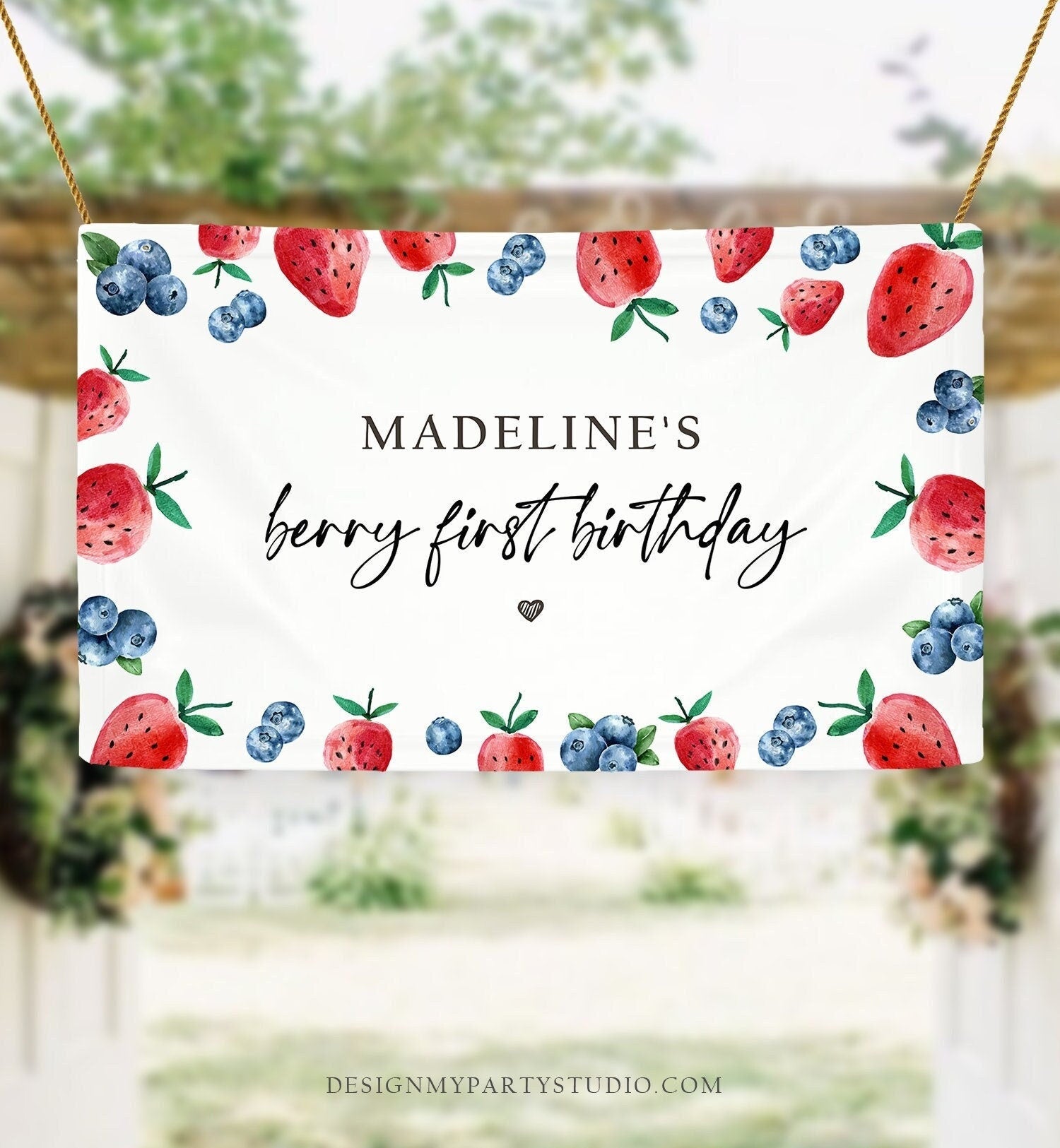 Editable Strawberry Blueberry Backdrop Banner Berry First Birthday Girl Strawberries Berry Sweet Digital Download Template Printable 0399