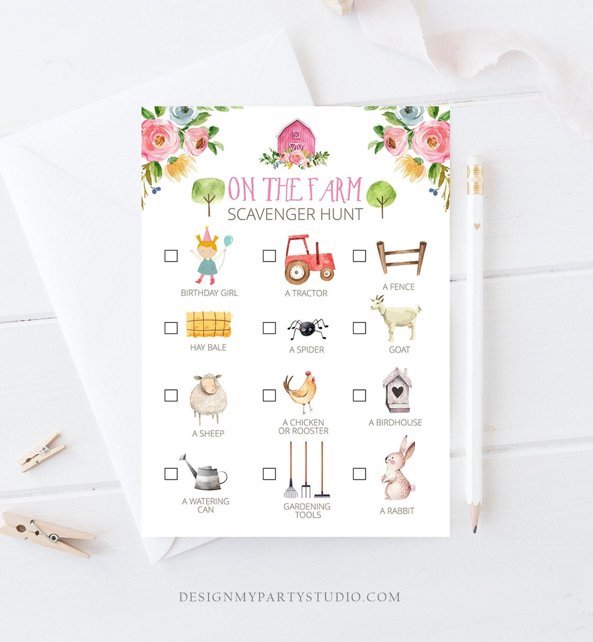 Editable Farm Scavenger Hunt Checklist Game Party Girl Farm Birthday Barnyard Party Nature Digital Digital Download Template Printable 0155