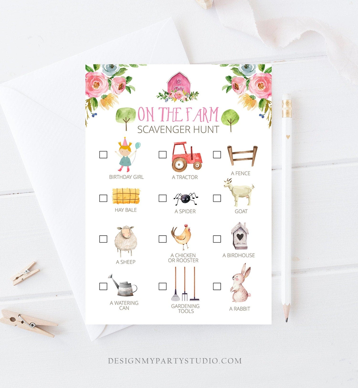 Editable Farm Scavenger Hunt Checklist Game Party Girl Farm Birthday Barnyard Party Nature Digital Digital Download Template Printable 0155