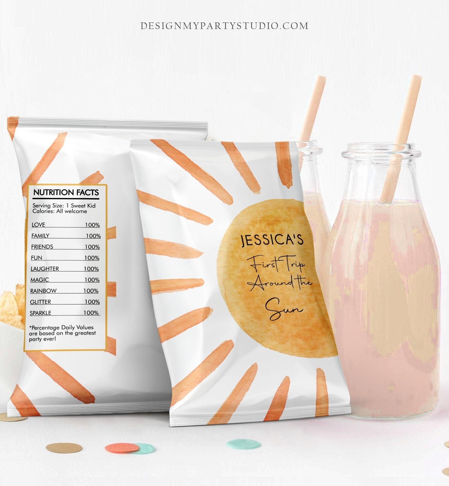 Editable Sun Chip Bag Boho Suns Birthday Party Decor First Trip Around the Sun 1st Birthday Sunshine Favor Digital Template Printable 0431