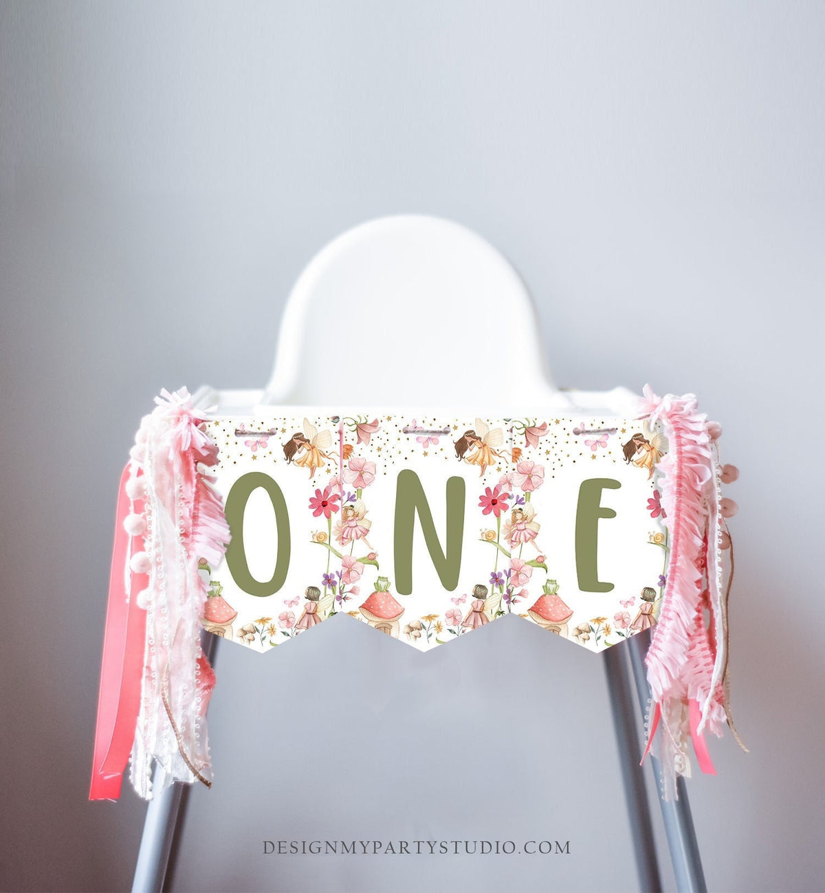 Fairy High Chair Banner Fairy First Birthday 1st First Birthday Pink High Chair Banner ONE Decor Fairy Garden Forest Digital Printable 0406