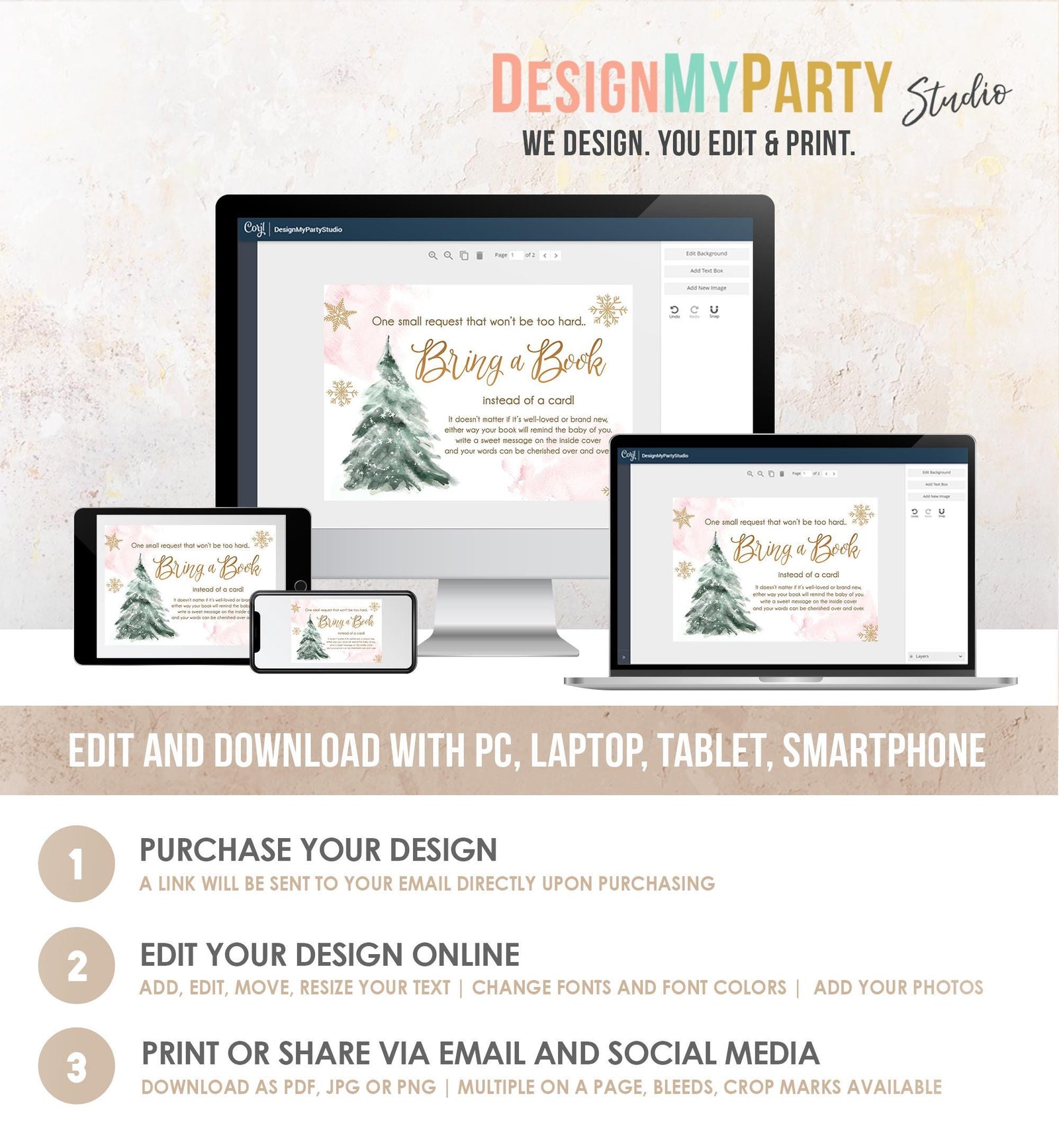 Editable Bring a Book Card Baby It's Cold Outside Baby Shower Winter Snow Pink Gold Watercolor Books Request Digital Template Printable 0363