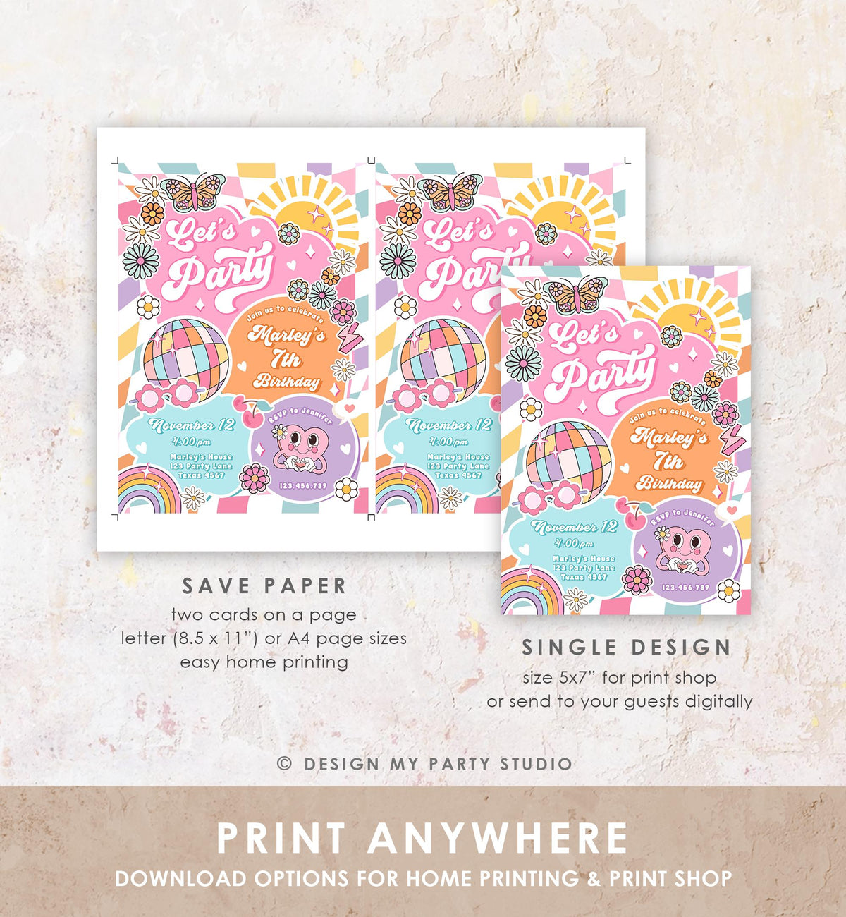 Editable Let&#39;s Party Groovy Birthday Party Invitation Retro Hippie Peace Sunshine Preppy Varsity Disco Digital Evite Template Printable 0524