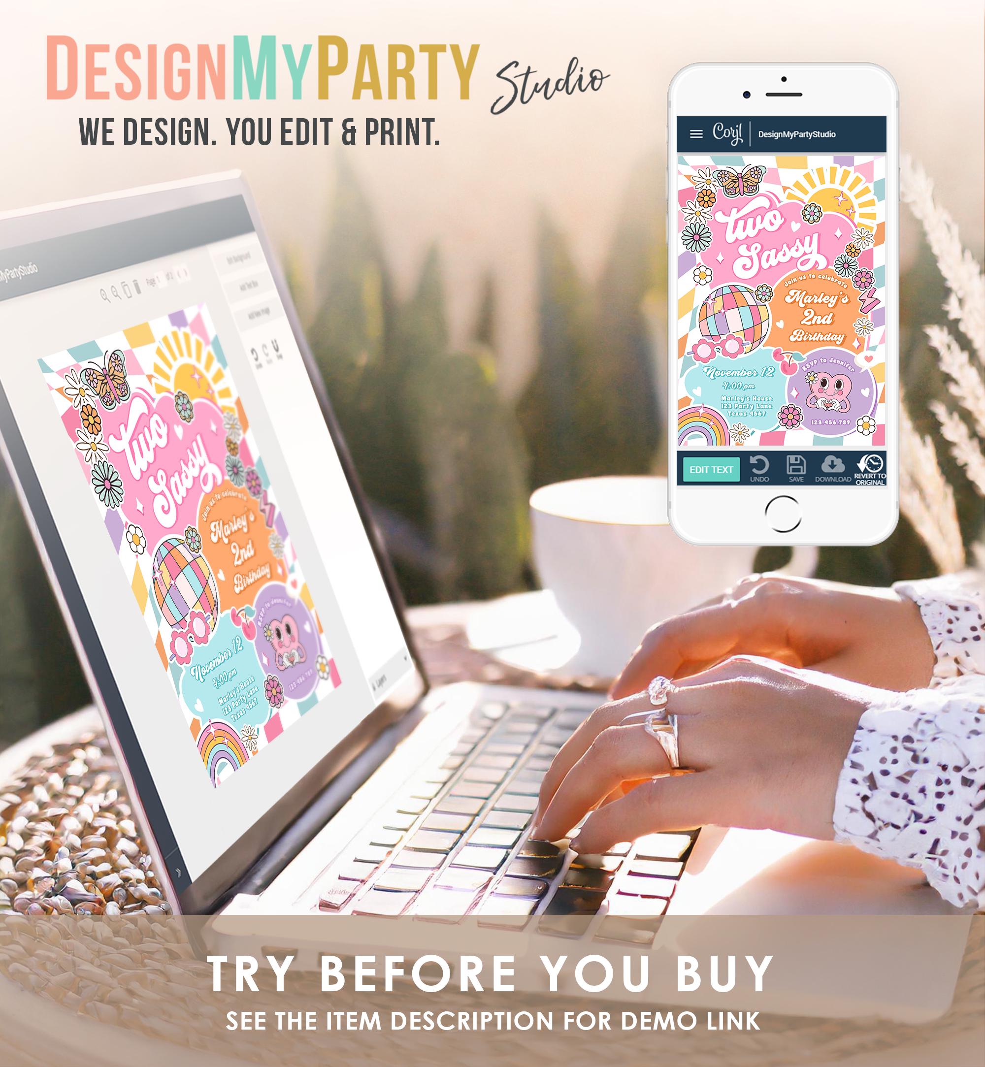 Editable Two Sassy 2nd Birthday Party Invitation Groovy Hippie Peace Sunshine Preppy Varsity Disco Digital Evite Template Printable 0524