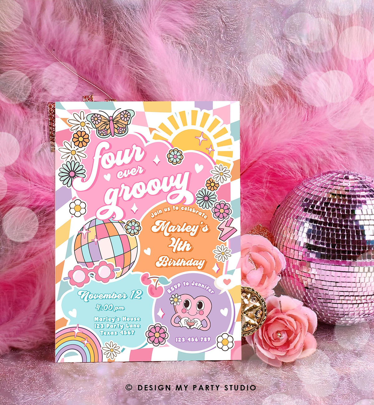 Editable Four Ever Groovy 4th Birthday Party Invitation Groovy Hippie Peace Preppy Varsity Disco Digital Evite Template Printable 0524