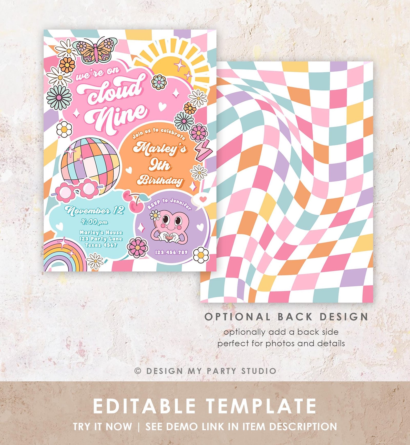 Editable We're on Cloud Nine Groovy 9th Birthday Party Invitation Groovy Hippie Peace Preppy Varsity Disco Digital Template Printable 0524